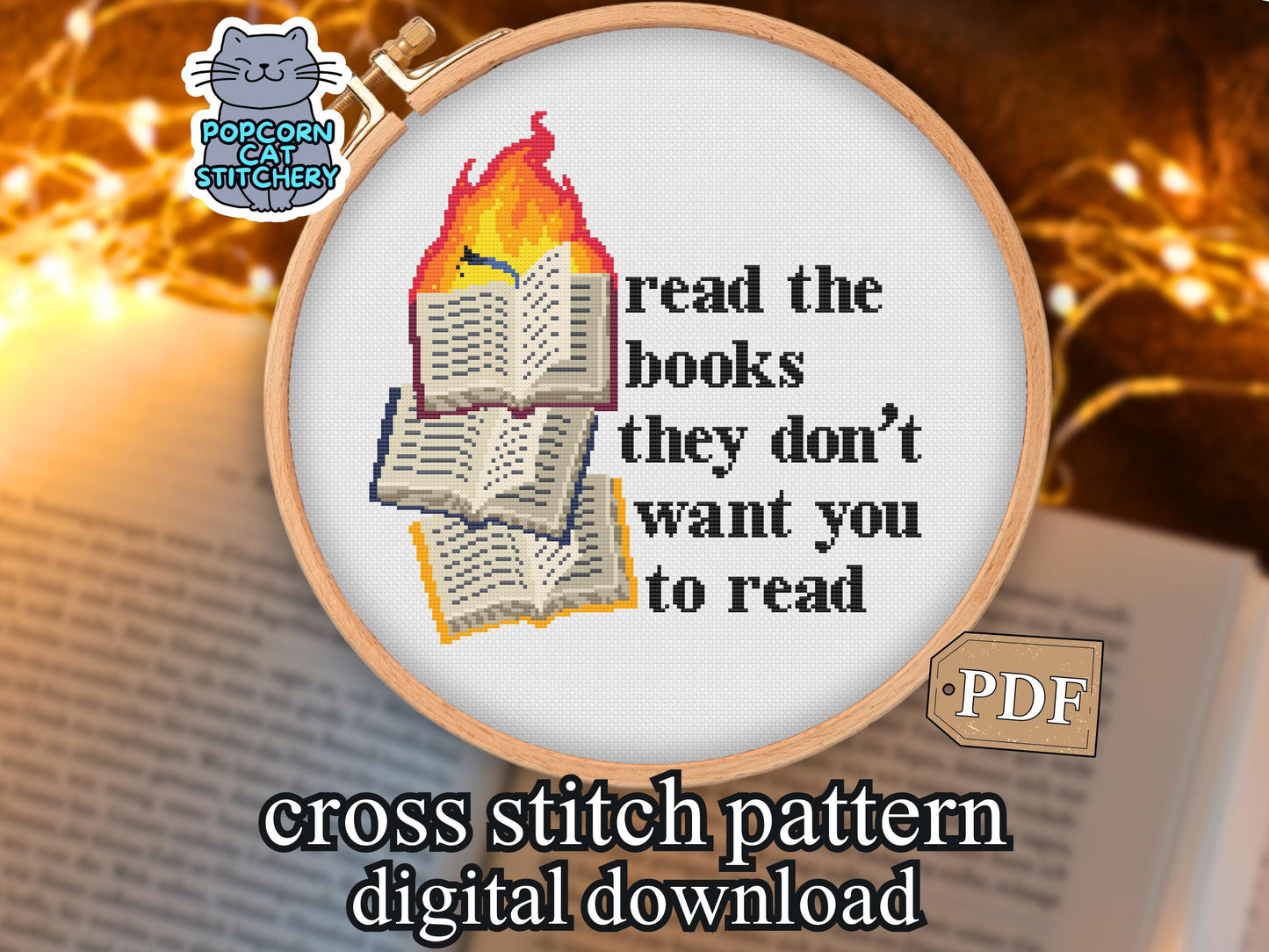 Banned Books Cross Stitch Pattern | Fahrenheit 451 PDF Pattern | Gift for Book Lovers