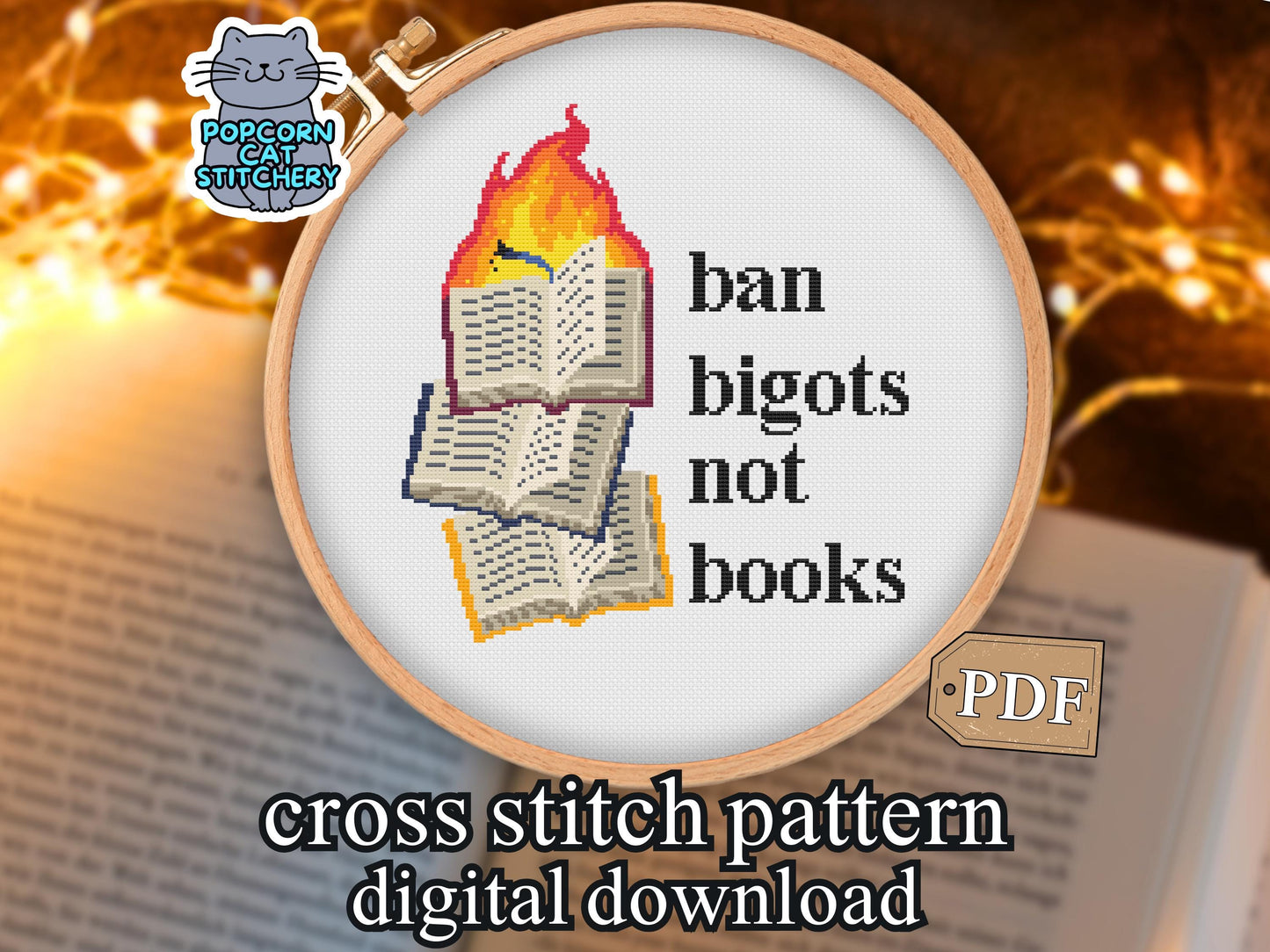 Ban Bigots Not Books Cross Stitch Pattern | Modern Cross Stitch | Book Lover Gift