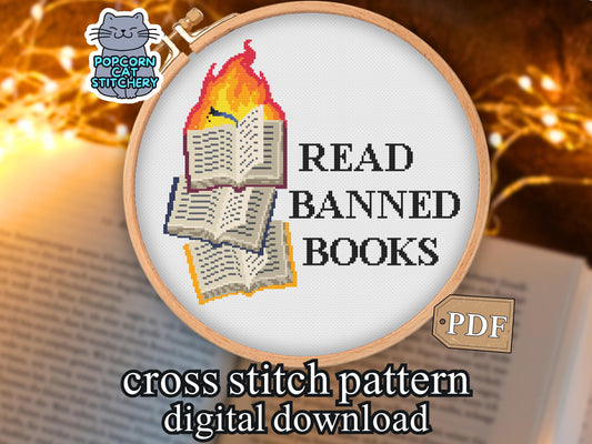Read Banned Books Cross Stitch Pattern | Fahrenheit 451 PDF Pattern | Gift for Book Lovers